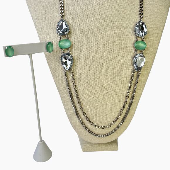 Fashion Necklace Earrings Set Large Clear And Frosted Green Stones Silver Tone - Picture 2 of 10